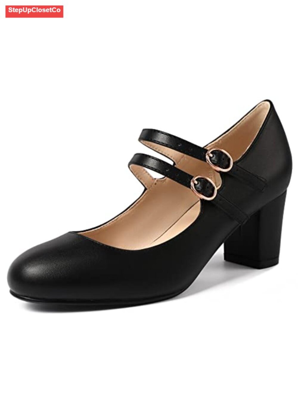 Chunky Block Heel Pumps with Buckle Straps - Round Toe Dress Shoes